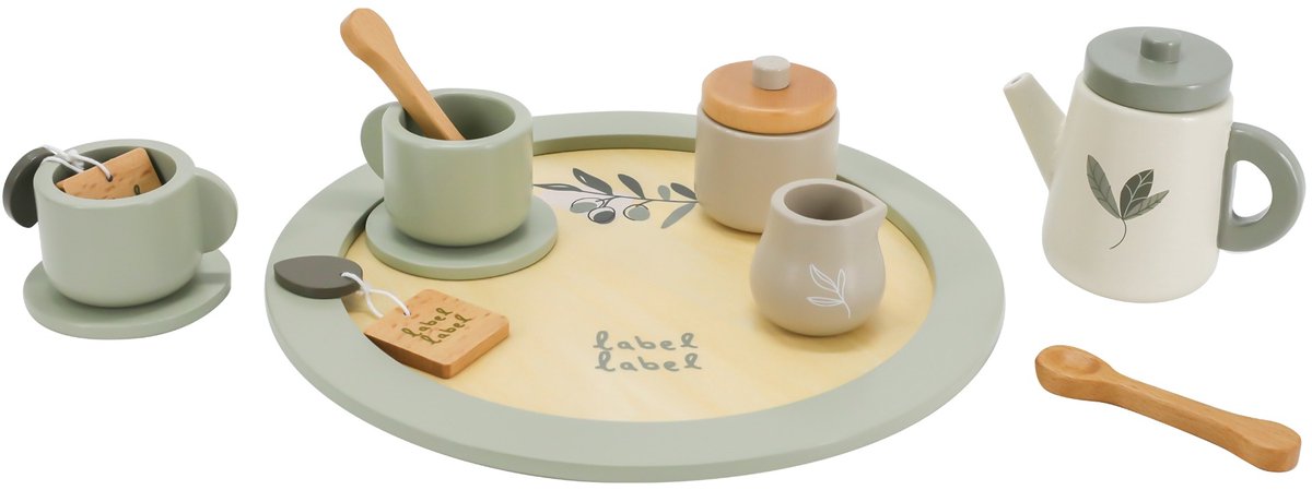 Label Label Houten Theeset - Houten Serviesset - Inclusief Theepot Kopjes en Accessoires - Stimuleert Fantasierijk Rollenspel - Vanaf 18 Maanden - Olijfgroen