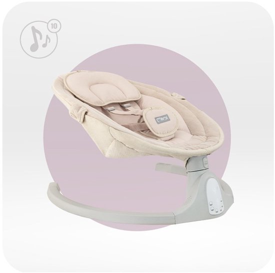 Beige babyschommel met verstelbare hoofdsteun en riemen, met een schommelfunctie en muziek symbool.