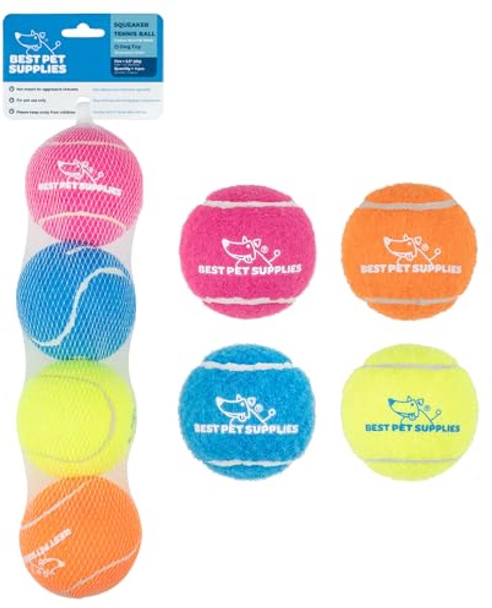 Best Pet Supplies Piepende tennisballen voor honden, set van 4 stuks, zwaar interactief huisdierspeelgoed voor gooien en ophalen, ondersteunt oefeningen en natuurlijk gedragstraining, duurzaam -