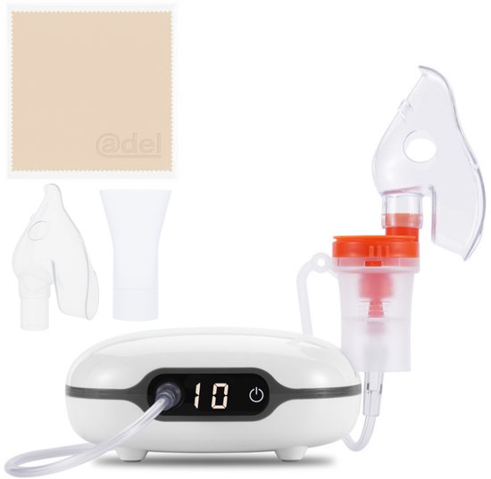 Wit met oranje vernevelaar, inclusief masker, mondstuk, doekje en handleiding. Digitale display toont '10'.