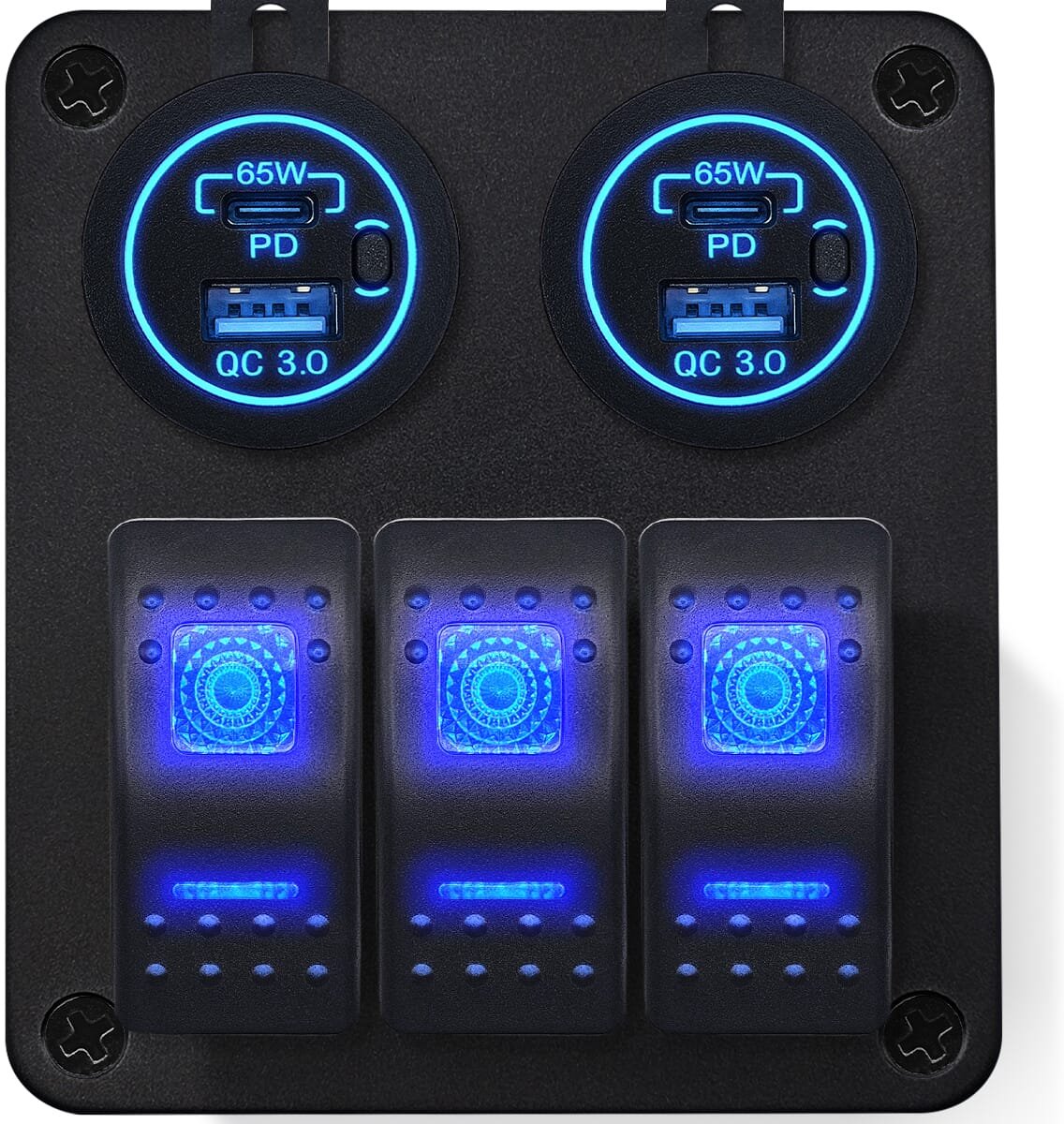 ProRide Schakelpaneel 12V voor Auto/Boot - USB/USB C Stopcontact 4 Poorten met Schakelaar - 65W - QC3.0 - 3 schakelaars - Blauw