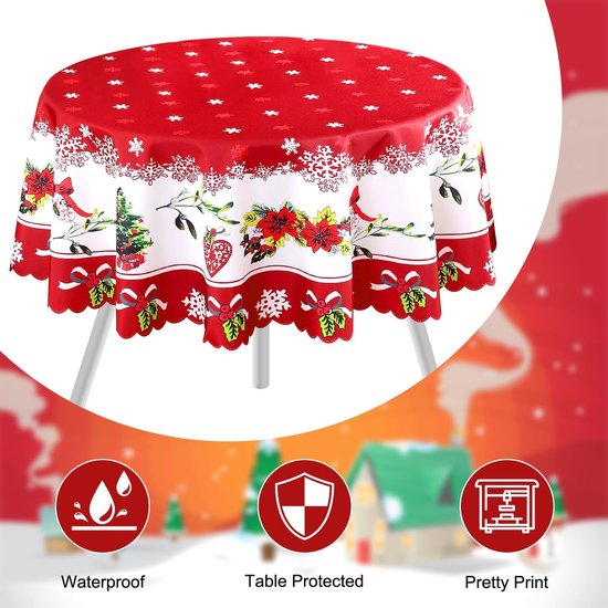 Rood kersttafelkleed met witte sneeuwvlokken en een rand met kerstbomen, bloemen en strikken. Waterdicht, tafel beschermd, mooie print.