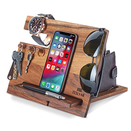 Kerstcadeaus mannen, docking station hout, bureau organizer, cadeau voor vrouwen, vader, geliefde, cadeau-ideeën, kerstcadeau, verjaardag, telefoon, koptelefoon tablet houder, nachtkastorganizer