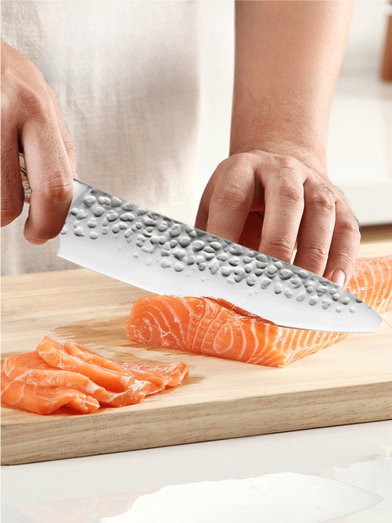 Kaëru® Japanse stijl keukenmessenset - 4-delig - Houten handvat - Gesmeed met hamerslagafwerking - Roestvrij staal - Corrosiebestendig - Koksmes - Multifunctionele keukenmessenset