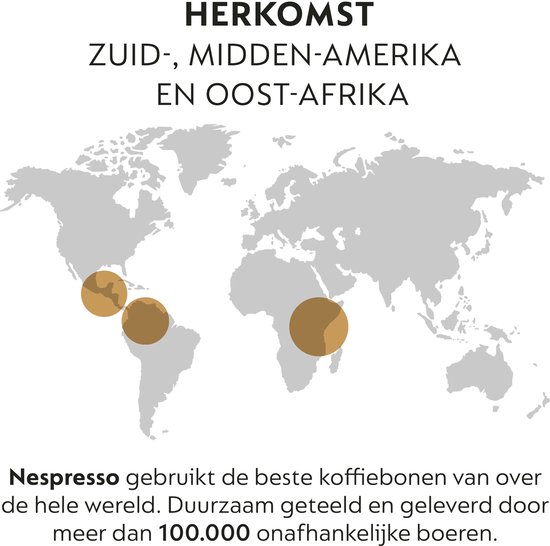 Wereldkaart met aangegeven gebieden van Zuid-, Midden-Amerika en Oost-Afrika voor Nespresso koffiebonen.
