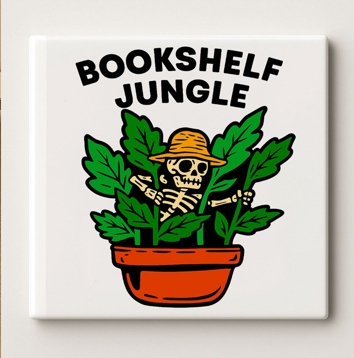 Nevolis Bookshelf Jungle Keramische Tegel 15x15 cm – Grappig Skelet in Plantenpot Ontwerp – Originele Wanddecoratie & Perfect Cadeau voor Planten- en Boekenliefhebbers Multi Color