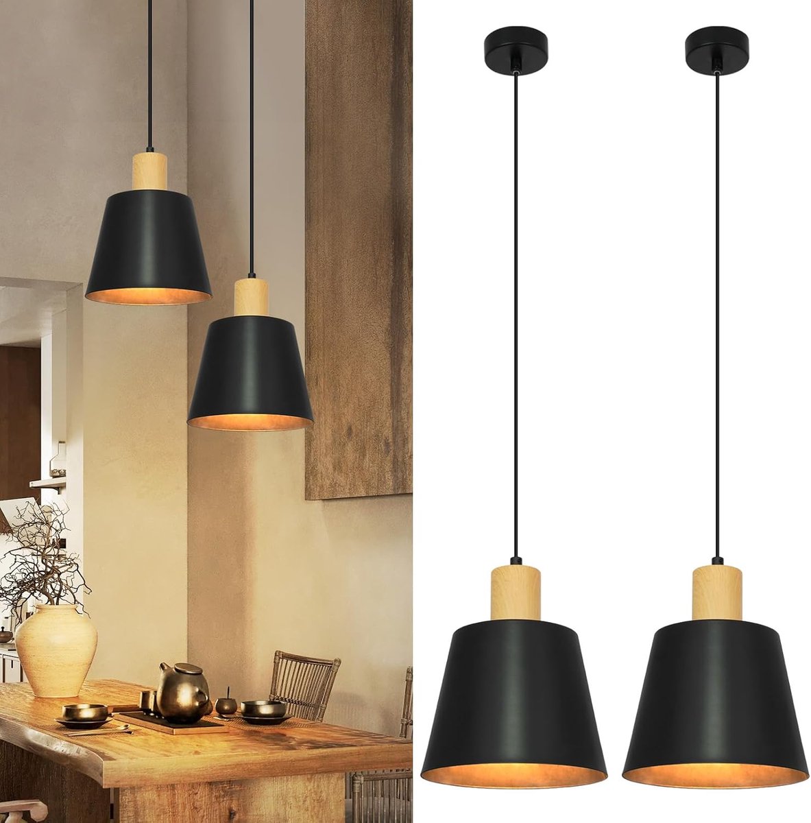 Glitzerlife Retro Industrieel - Pendellamp - Set van 2 - Zwart Metaal Ø20cm - E27 Fitting 1-lichts Exclusief Lichtbron - Vintage Design Eetkamer Keuken Woonkamer Slaapkamer