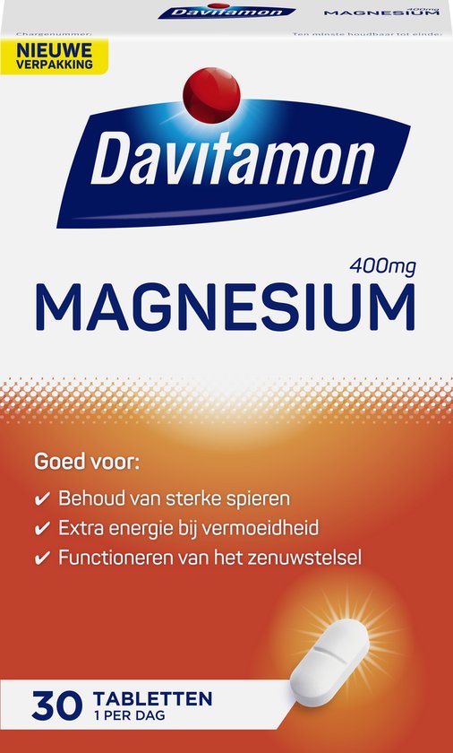 Davitamon Magnesium 400 mg, 30 tabletten. Oranje doos met een witte pil.