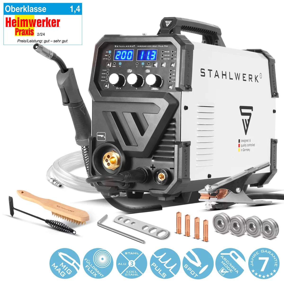 STAHLWERK lasapparaat MIG MAG 200 Spot Puls Pro, volledig synergische IGBT inverter, 5 in 1 combinatie-apparaat met spotfunctie en 200 Ampère, aluminium | gevulde draad | MIG MAG | ARC MMA | Lift TIG | Puls