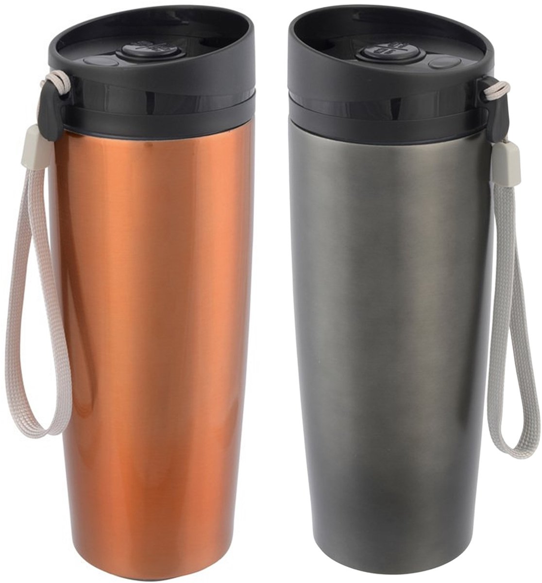 Cuisine Elegance Thermosbekers - warmhoud drinkbekers - 2x stuks - koper en grijs - 380 ml - Isolerende drinkbekers - warme dranken - reisbekers