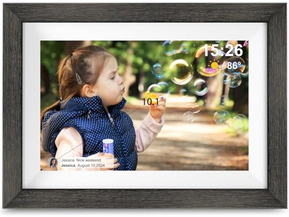 Frameo digitale fotolijst, 10,1 inch wifi slimme digitale fotolijst met HD IPS-aanraakscherm, automatisch draaien, foto's verzenden van overal via Frameo APP, geschenken voor mama
