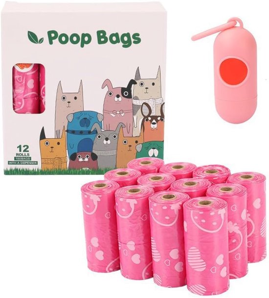 Sacs à déjections canines canines op rol – Sacs à déjections canines rose fraise 9 x 13 pouces – avec distributeur, écologiques, parfumés, anti-fuites, en plastique épais – Pour chats et petits chiens, 1 support et 180 sacs (recharges de 12 rouleaux)