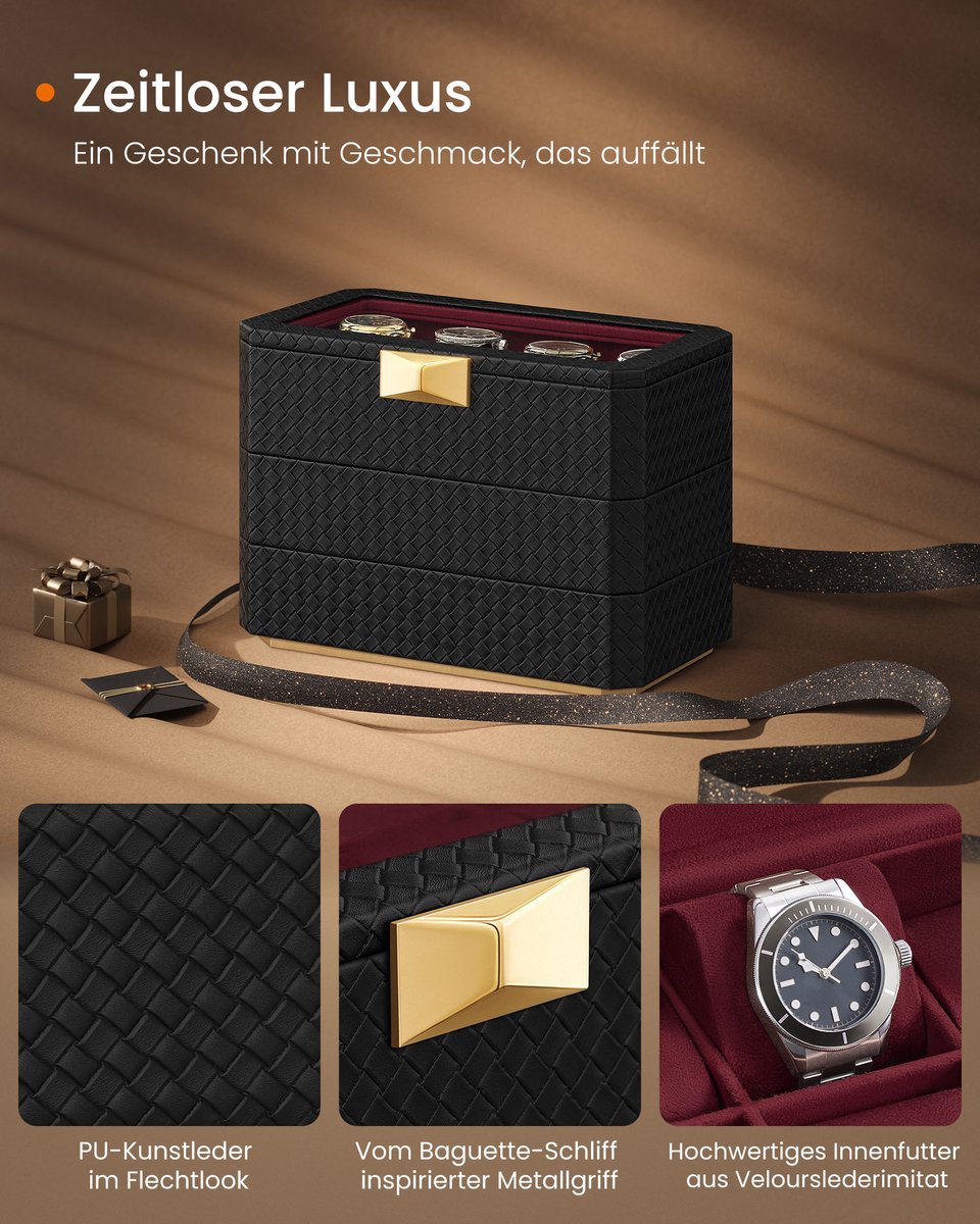 Horlogebox 3 Lagen 8 Vakken 16,3x27,3x20,5 cm - Luxe Horlogekast met Glazen Deksel Zwevend Effect - PU Leer Imitatiesuède - Inktzwarte Kast met Wijnrode Voering - Stapelbare Opbergdoos voor Horloges - Industrialhome RONNE Deluxe Collectie