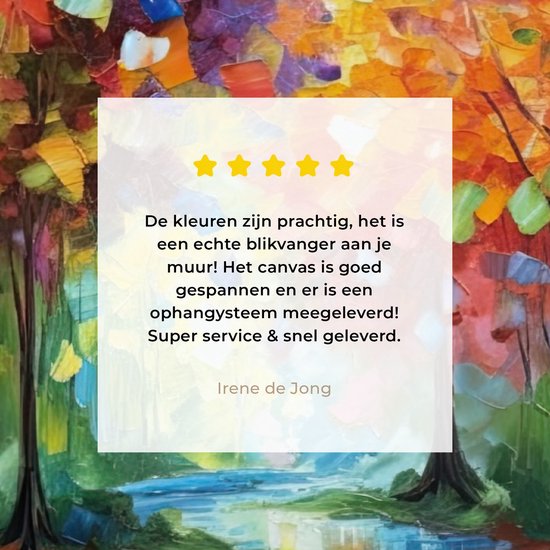 Gros plan d'une peinture impressionniste d'une forêt aux couleurs d'automne. Avec une citation en néerlandais.