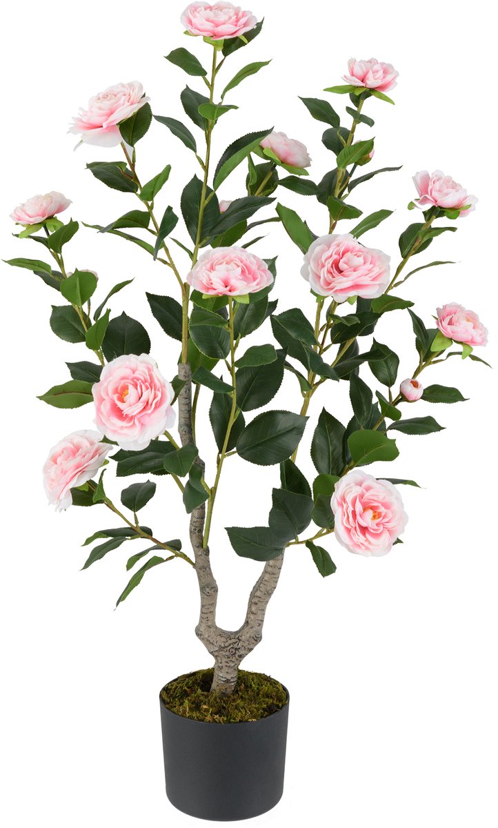 Costway 90 cm kunstboom met bloemen, kunstmatige cameliaboom, kunstplant in pot, cameliaplant met 16 bloemen en 116 bladeren, kunstbloem voor thuis, kantoor, kamerplant, decoratieve plant (roze)