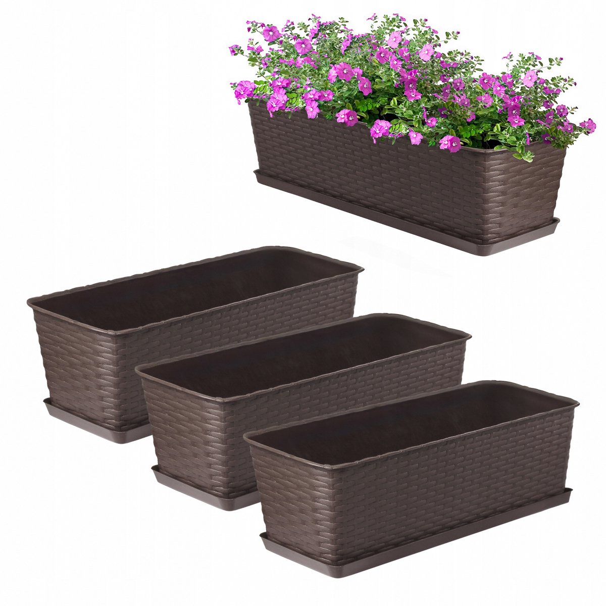 3x Balkonbak met Onderzetters 60cm - Bruin Kunststof