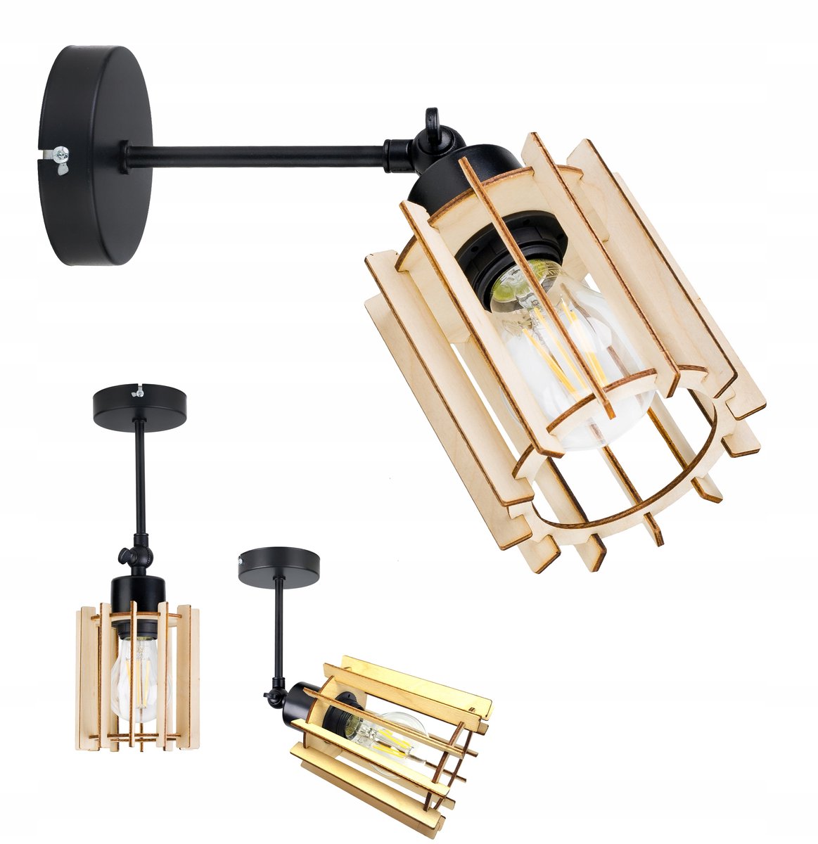 Industriële Wandlamp Cilinder Hout E27 Verstelbaar