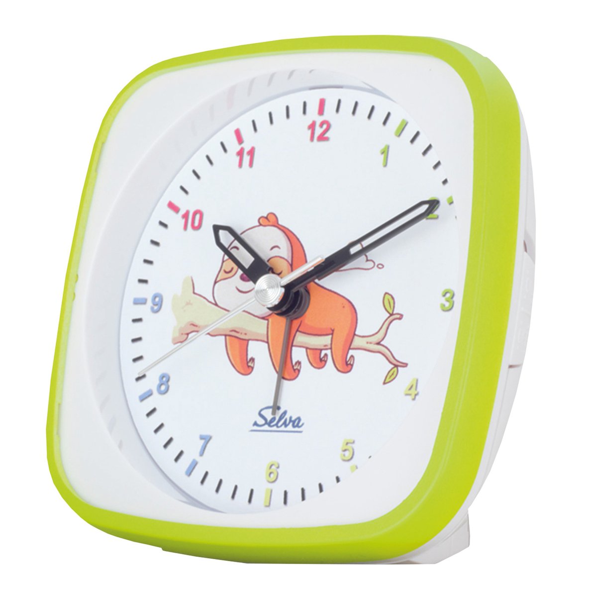 SELVA kinderwekker, quartz met prachtige kleurrijke motieven. Stille, vloeiende secondewijzer, analoge, kleurrijke wijzerplaat met licht-snooze. Afmetingen: 95 x 95 x 45 mm.