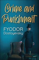 Boekomslag van 'Crime and Punishment' van Fyodor Dostojevsky, met een man in een top, jas en wandelstok naast een leren stoel.