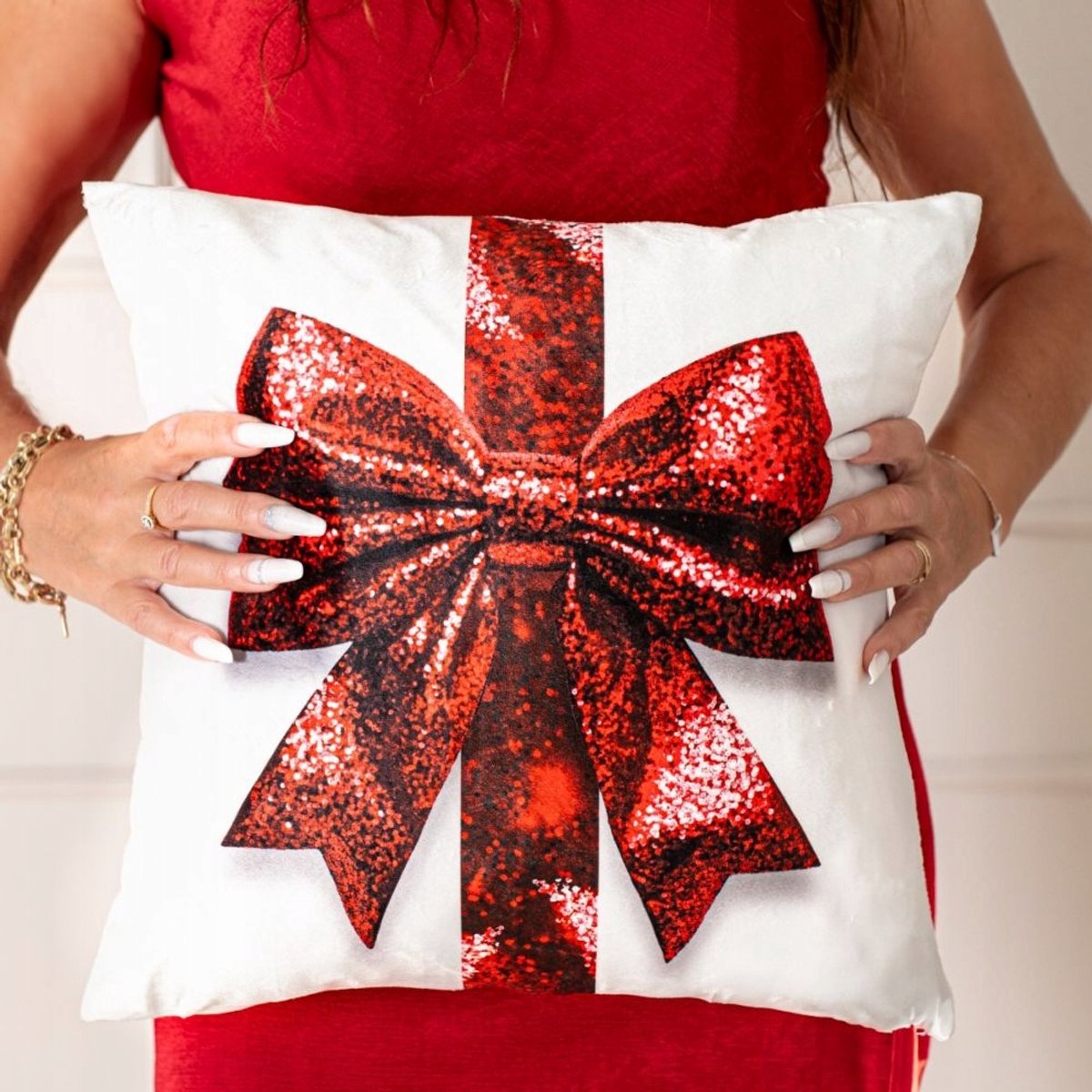 Kerst Kussenhoes 40x40cm - Rode Glitter Strik - Zacht Velours