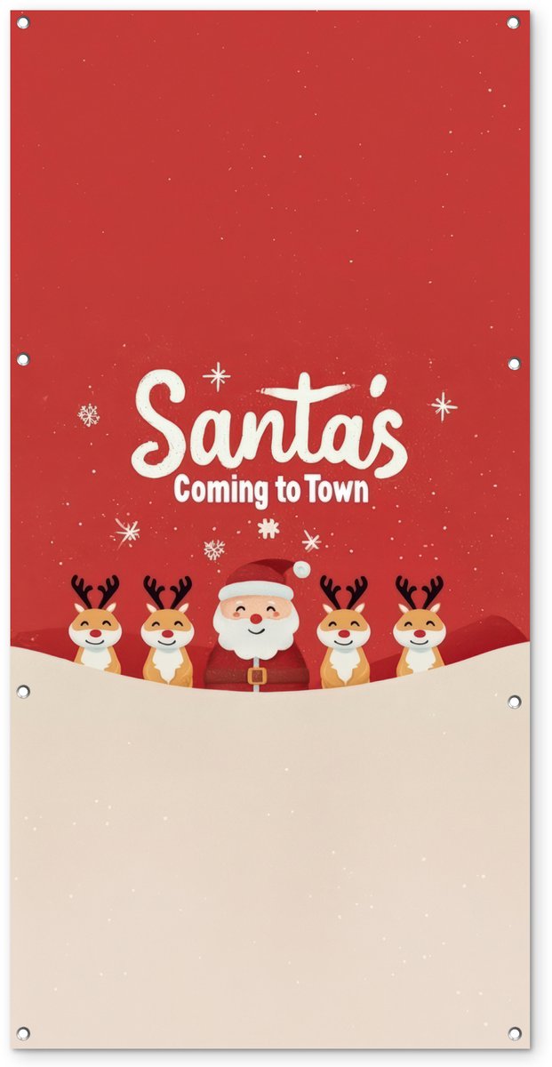Tuinposter met Kerstman en Rendieren illustratie in rood, voor tuindecoratie op schutting of balkon.