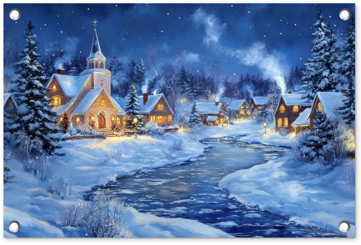 Tuinposter 60x40 cm met winteravond kerstdorp design voor buiten decoratie.