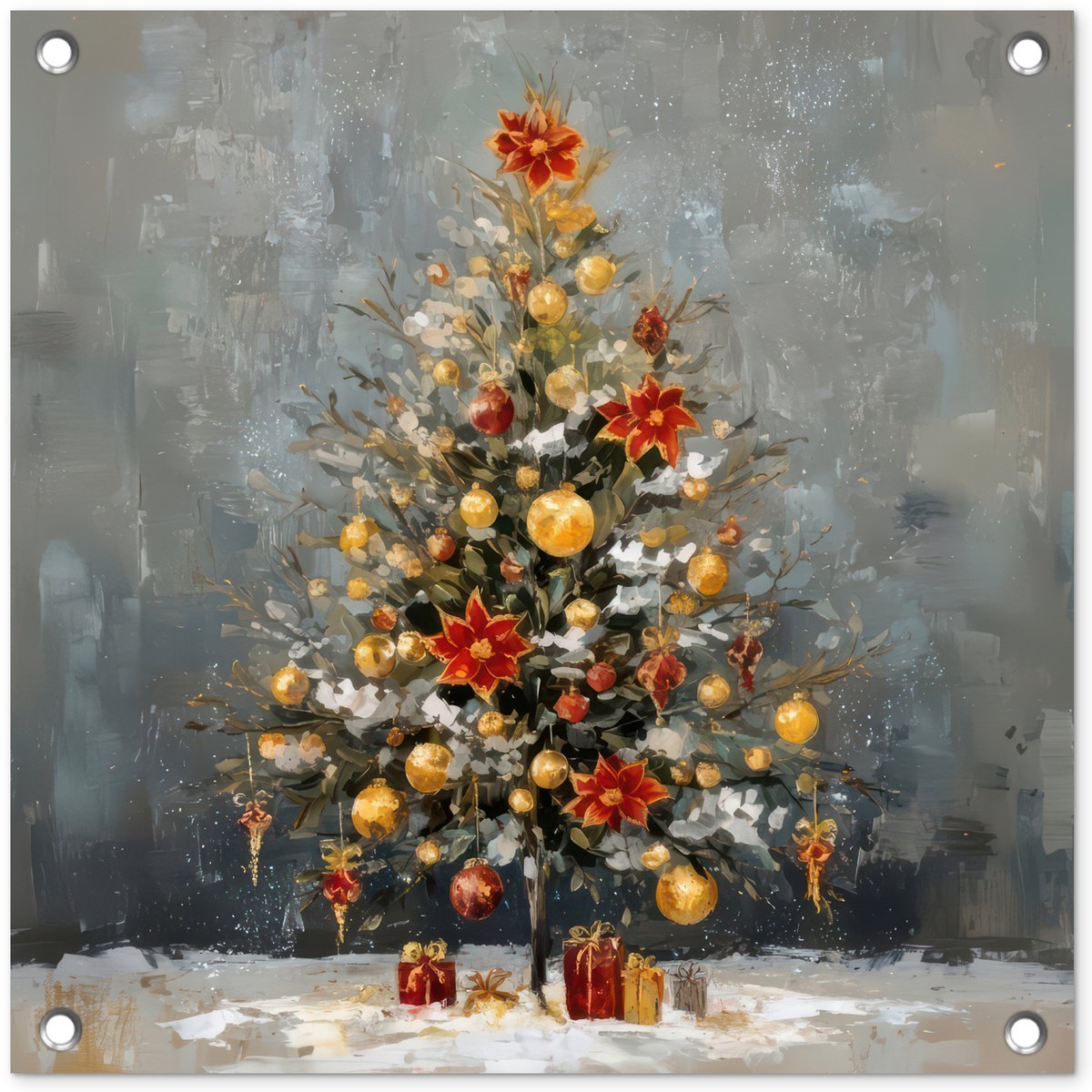 Tuindecoratie Kerstboom in Rood en Goud voor Buiten - Tuinposter 50x50 cm - Schutting Tuinschilderij met Kerstthema