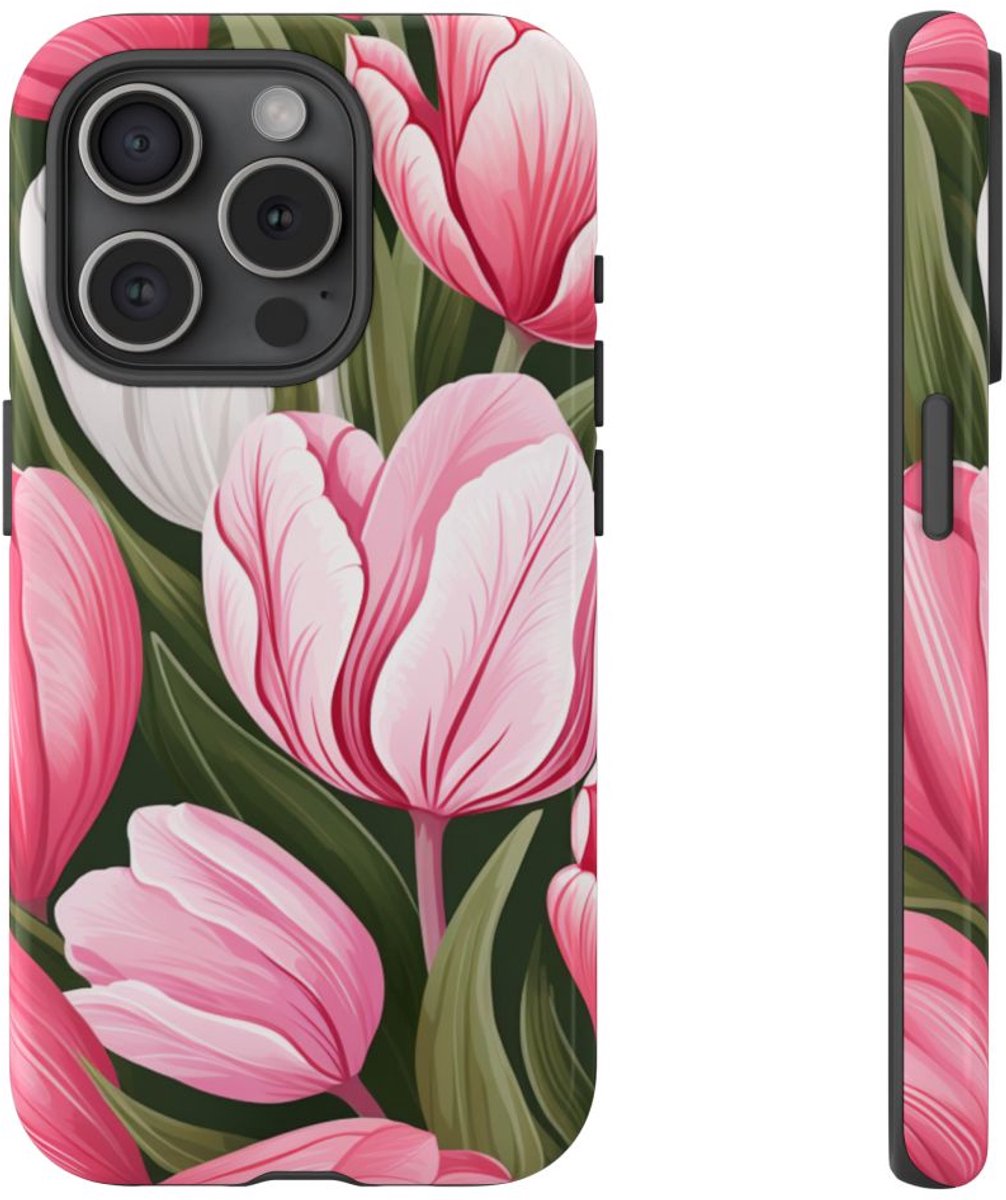 Roze en Witte Tulp Bloemenpatroon – Telefoonhoesje Geschikt voor iPhone 15 Pro