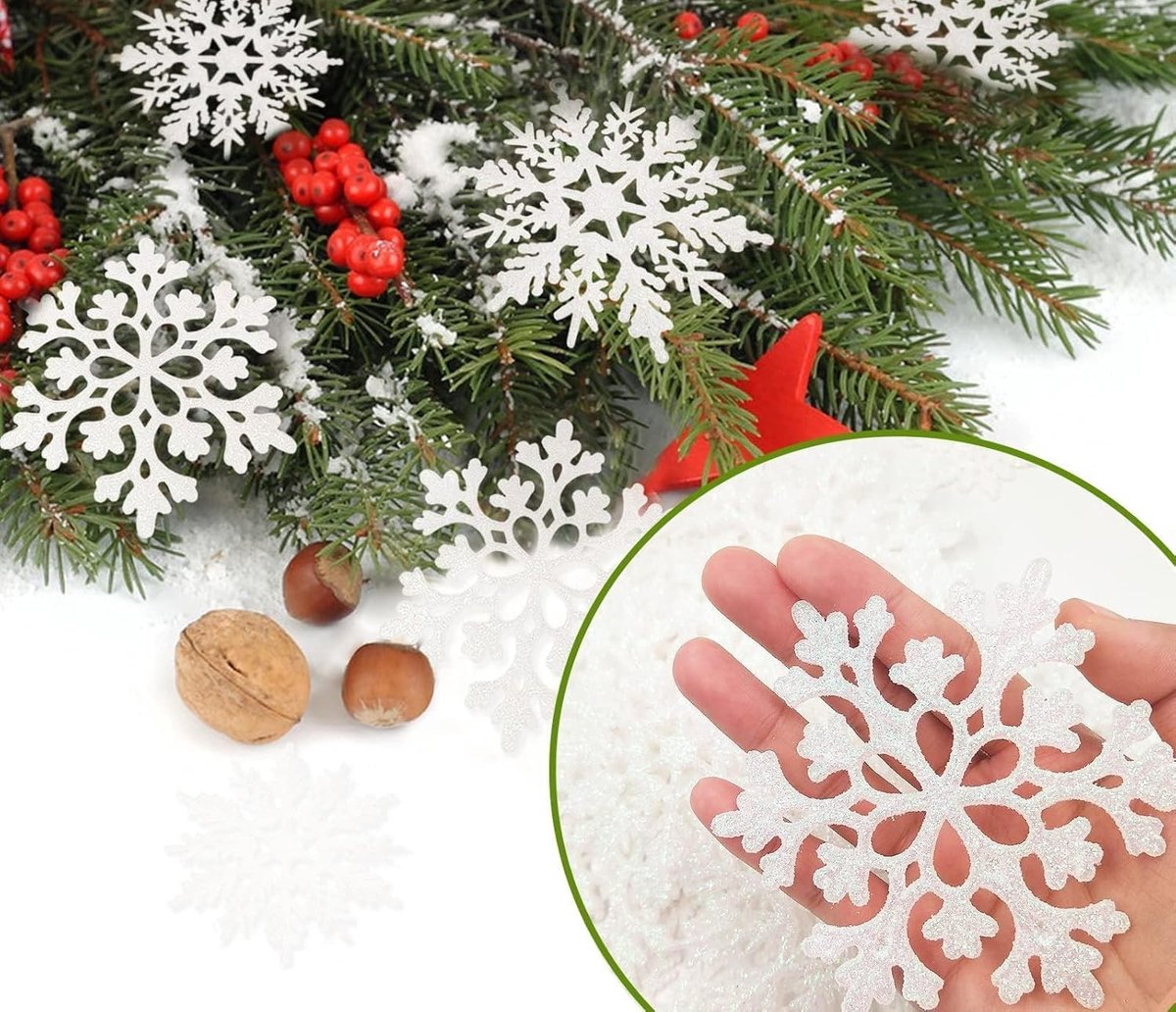 Sneeuwvlokken - Kerstboomversiering - Sneeuwvlokversiering voor in de boom - Plastic glitter witte sneeuwvlokversiering - Kerstdecoratie voor binnen in winterwonderland - 36 stuks - wit – foto 7