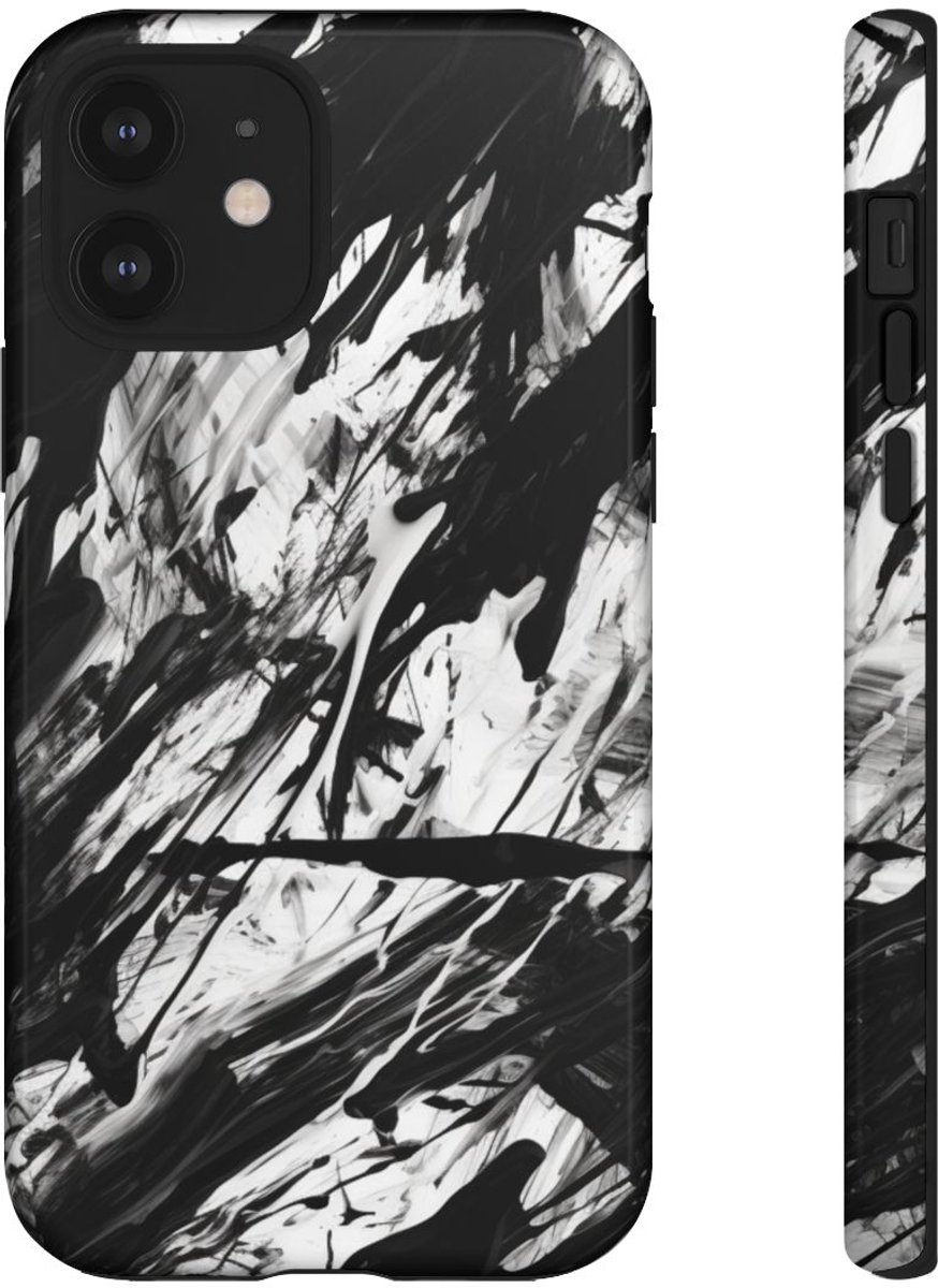 Zwart-Witte Abstracte Penseelstreken – Telefoonhoesje Geschikt voor iPhone 12