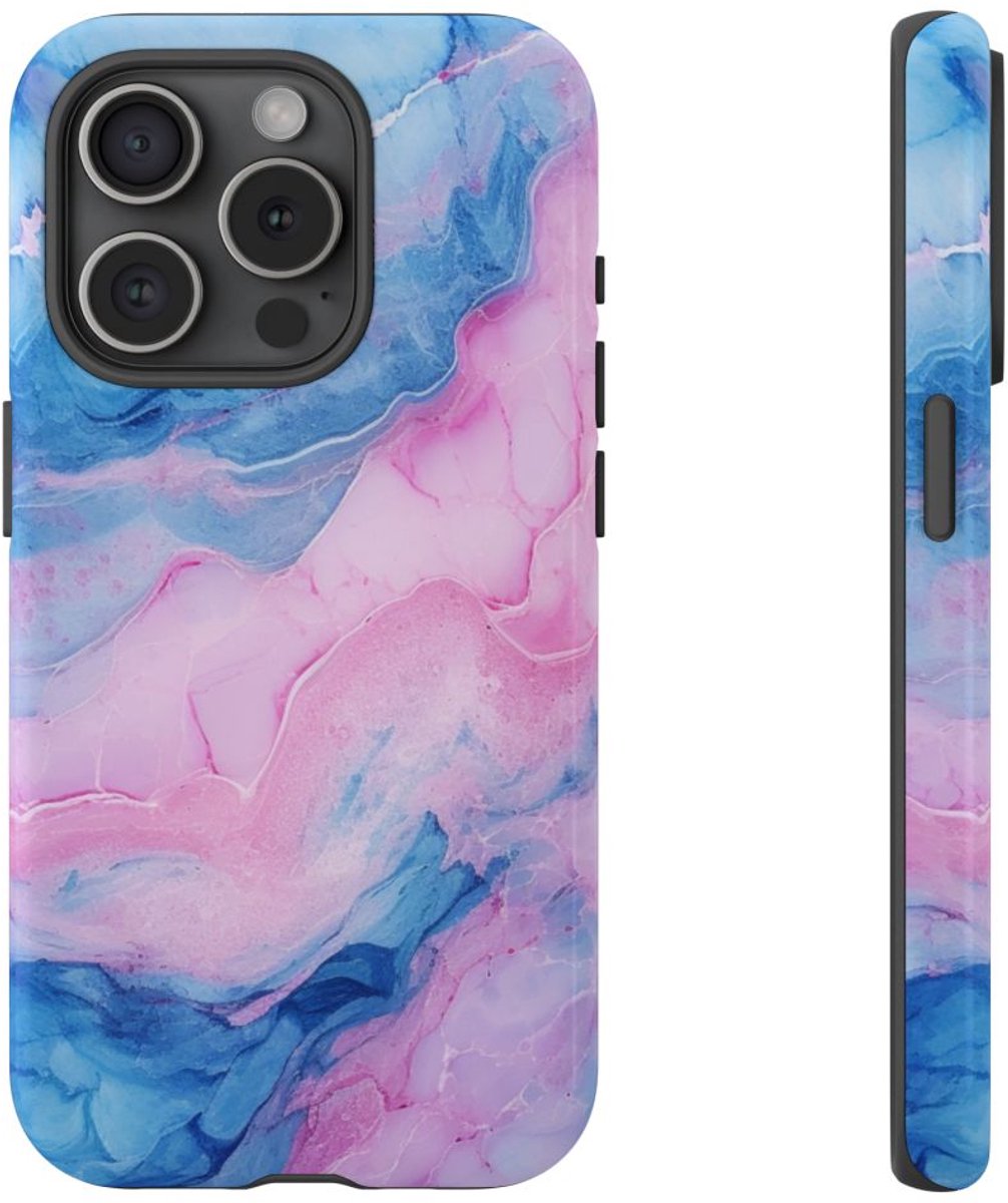 Blauw-Roze Marmerstructuur – Glanzend Stevig Hoesje Geschikt voor iPhone 15 Pro