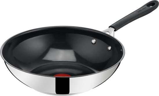Wokpan met zwarte antiaanbaklaag, roestvrijstalen buitenkant en zwarte handgreep. Rode Thermo-Signal indicator.