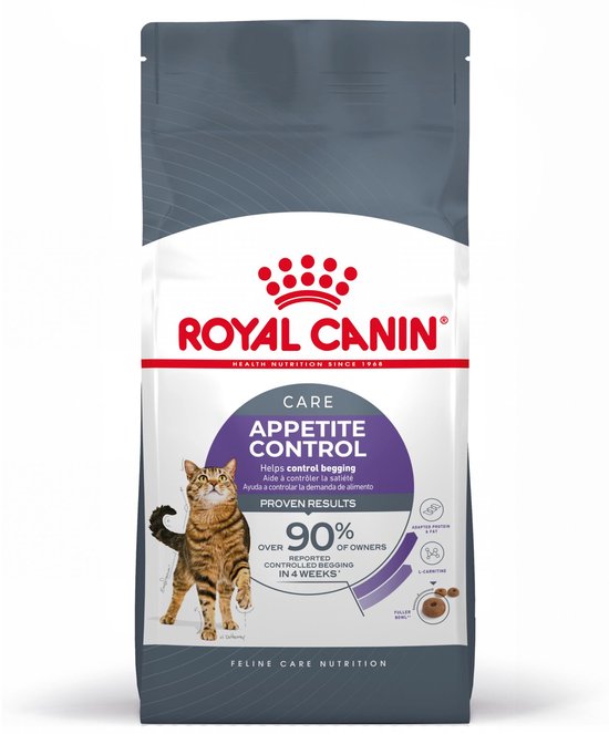 Royal Canin zak kattenvoer 'Appetite Control', met afbeelding van een cyperse kat. Helpt bedelen onder controle te houden.