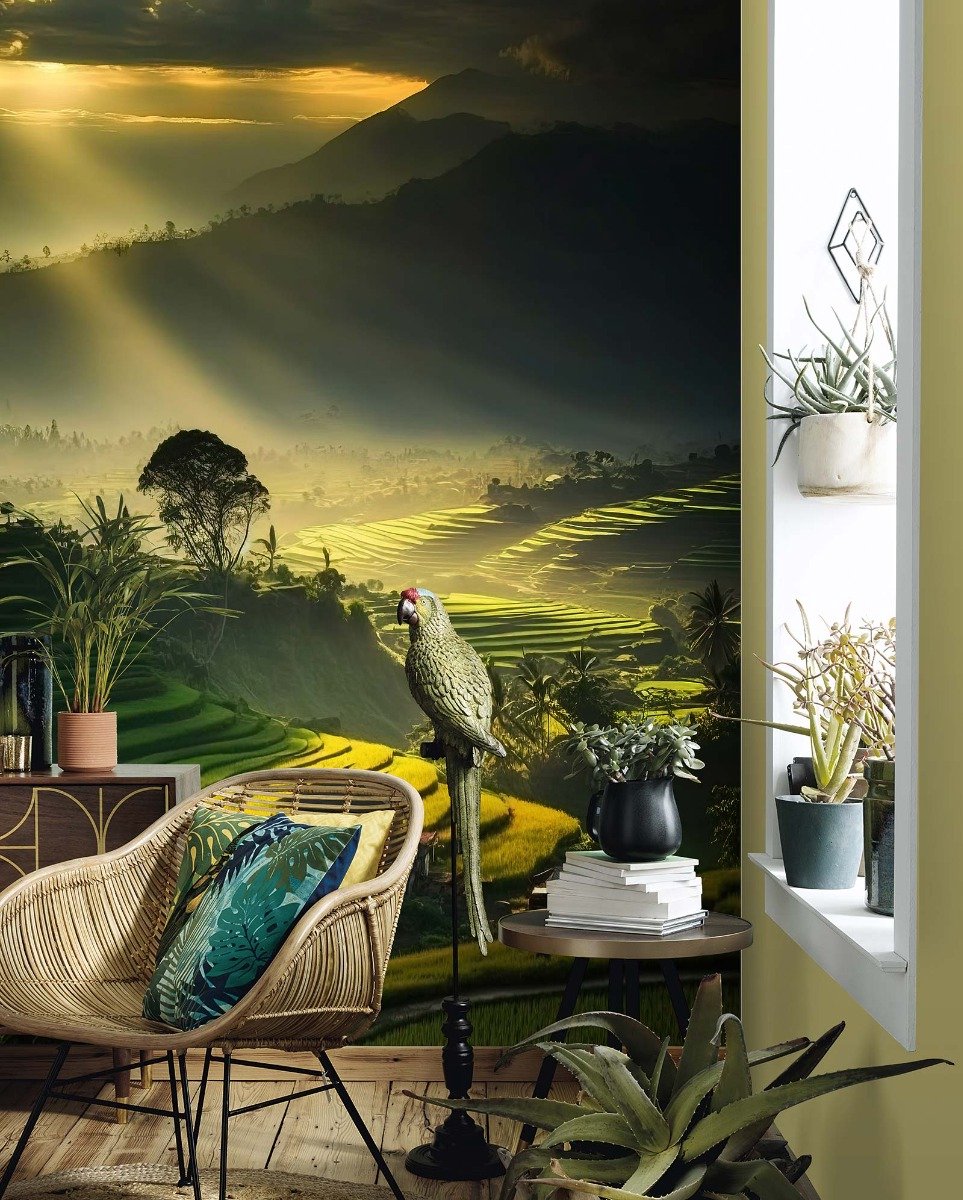Landschapsmotief vliesbehang in groen