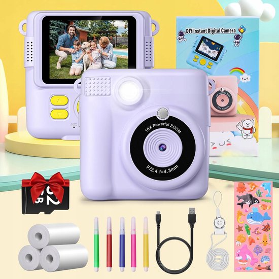 Appareil photo multifonction pour enfants - Imprimante thermique instantanée - Écran IPS 2,4" - Mémoire 32 GB - Flash intelligent - Comprend un sac et des accessoires - Cadeau idéal