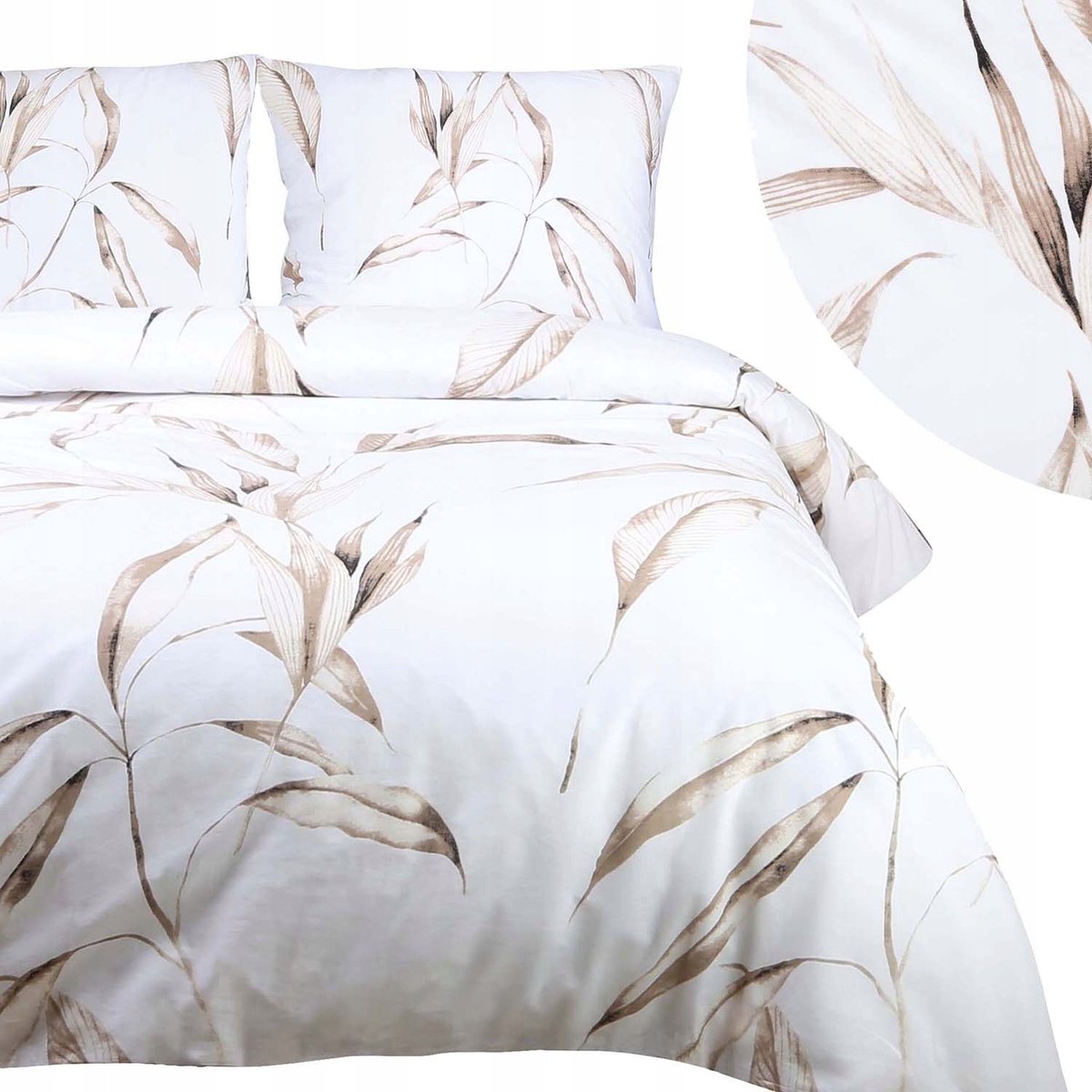 Cottonlove Katoenen Dekbedovertrek Set 180x200cm - Bladmotief Wit/Beige