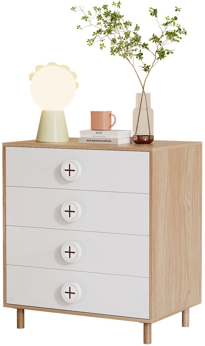 Merax Ladekast - 4 Lades - 80x54x90cm - Wit met Houtkleurige Afwerking - Moderne Opbergkast voor Slaapkamer of Kinderkamer