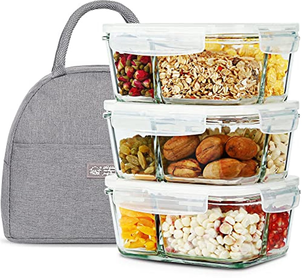 Bento Box Maaltijd Voorbereiding - 3 Pack 36oz Glazen Container met 3 Compartimenten