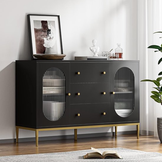 Dressoir met 3 deuren en verstelbare planken, modern buffet, opbergkast, keukenkast, multifunctionele kast met gouden lijndecoratie en gouden poten voor woonkamer, slaapkamer (zwart