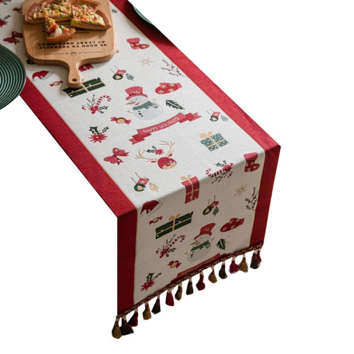QTTVBTNA Kersttafelloper - 35 x 180 cm - rood-wit met sneeuwman en rendier print - pompons - polyester tafeldecoratie voor eettafel, salontafel, dressoir