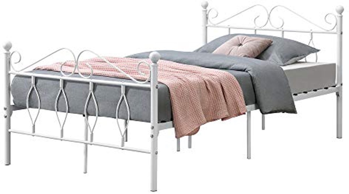 Metalen bedframe wit 120x200 cm met bedbodem - vintage design