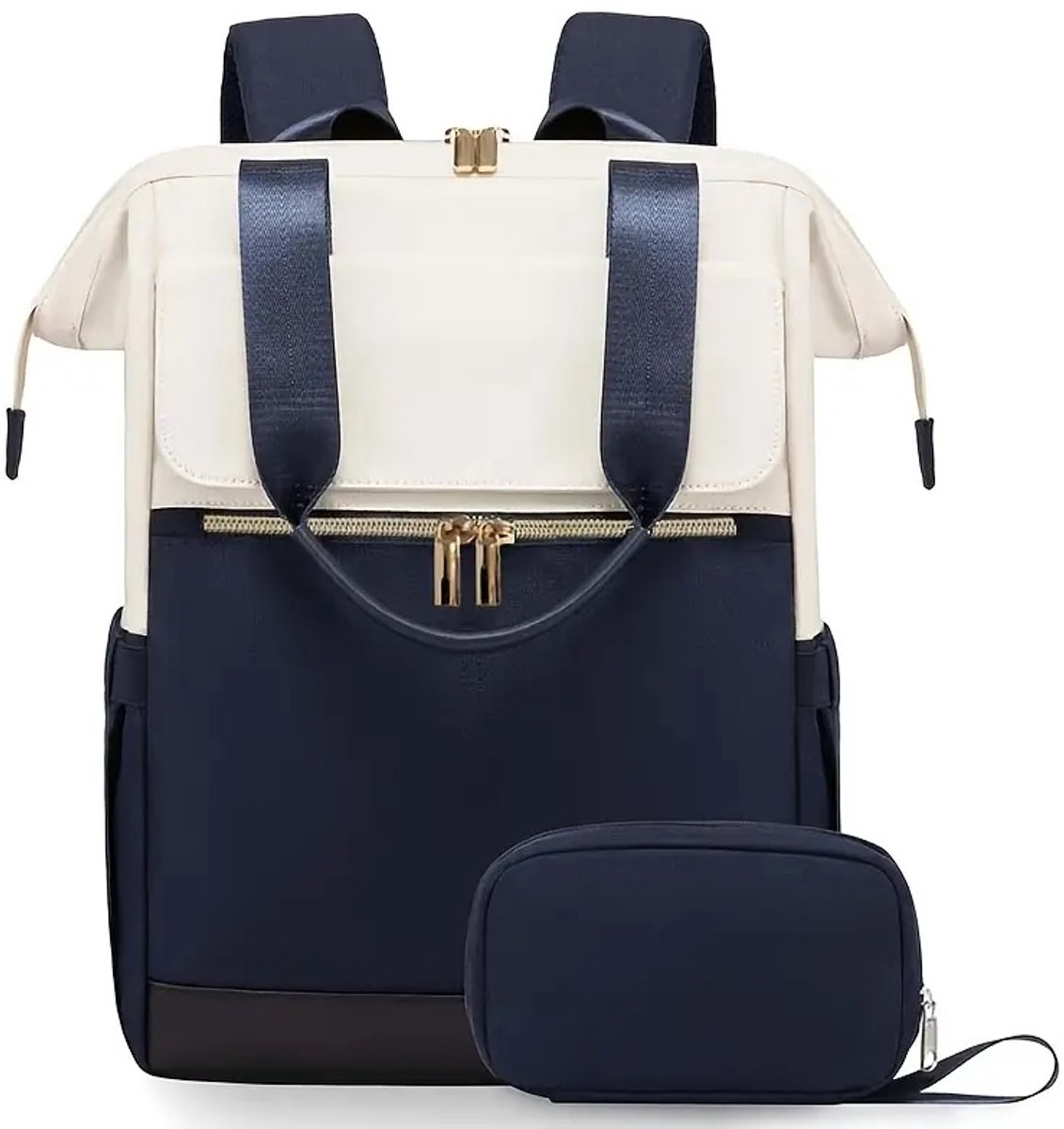 Sjtoer Rugzak met tasje - Schooltas - Handbagage vliegtuig - Laptop - Blauw Wit - Laptoptas - 15.6 inch - Waterbestendig - Rugtas voor dames/meiden - Portemonnee, make-uptas, handtas - 2-de - Feestdagen - Sinterklaas - Kerstmis - Cadeaulige set