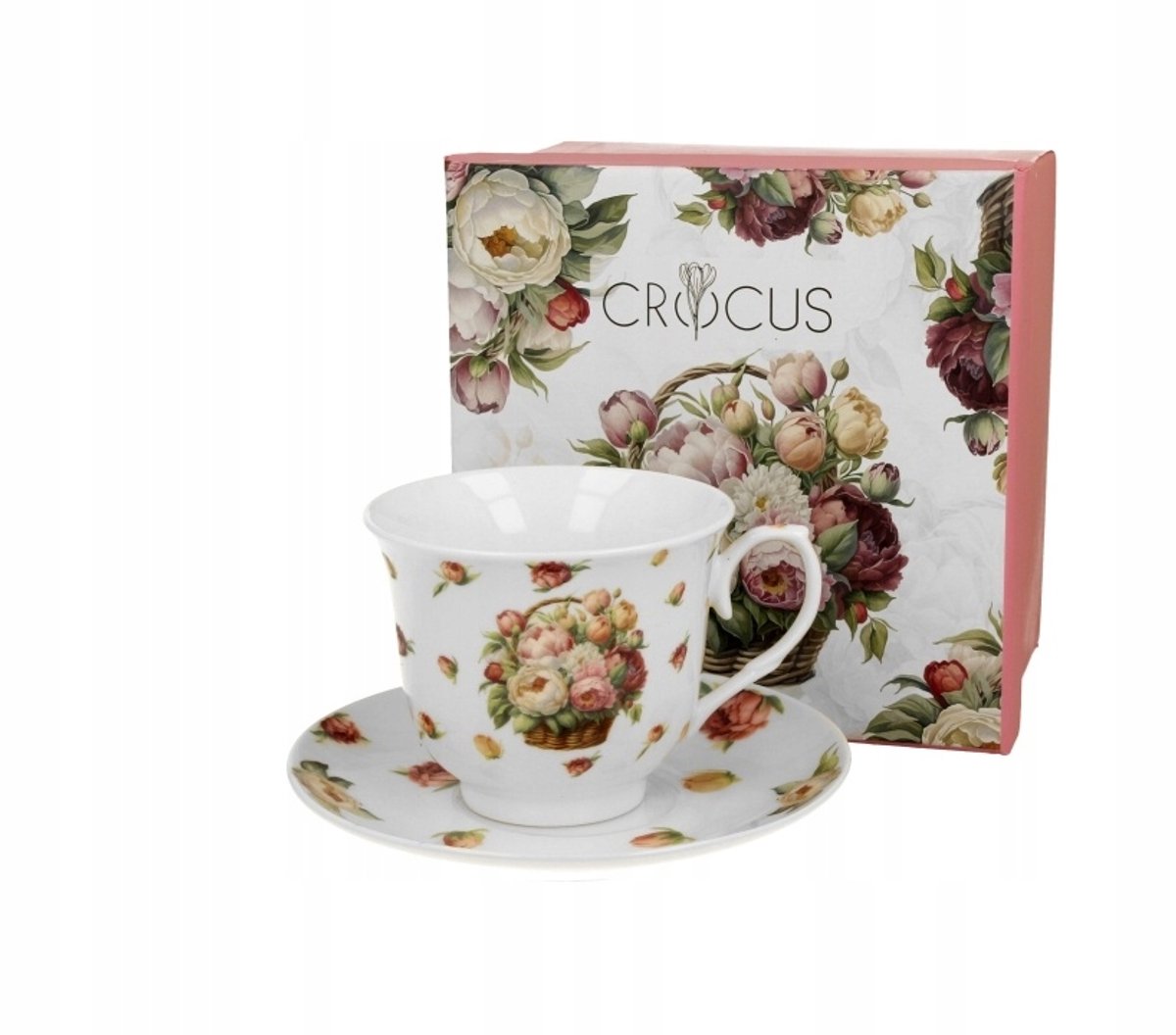 Duo Porseleinen Koffiekop met Schotel - Pioenen & Bloemenmandjes