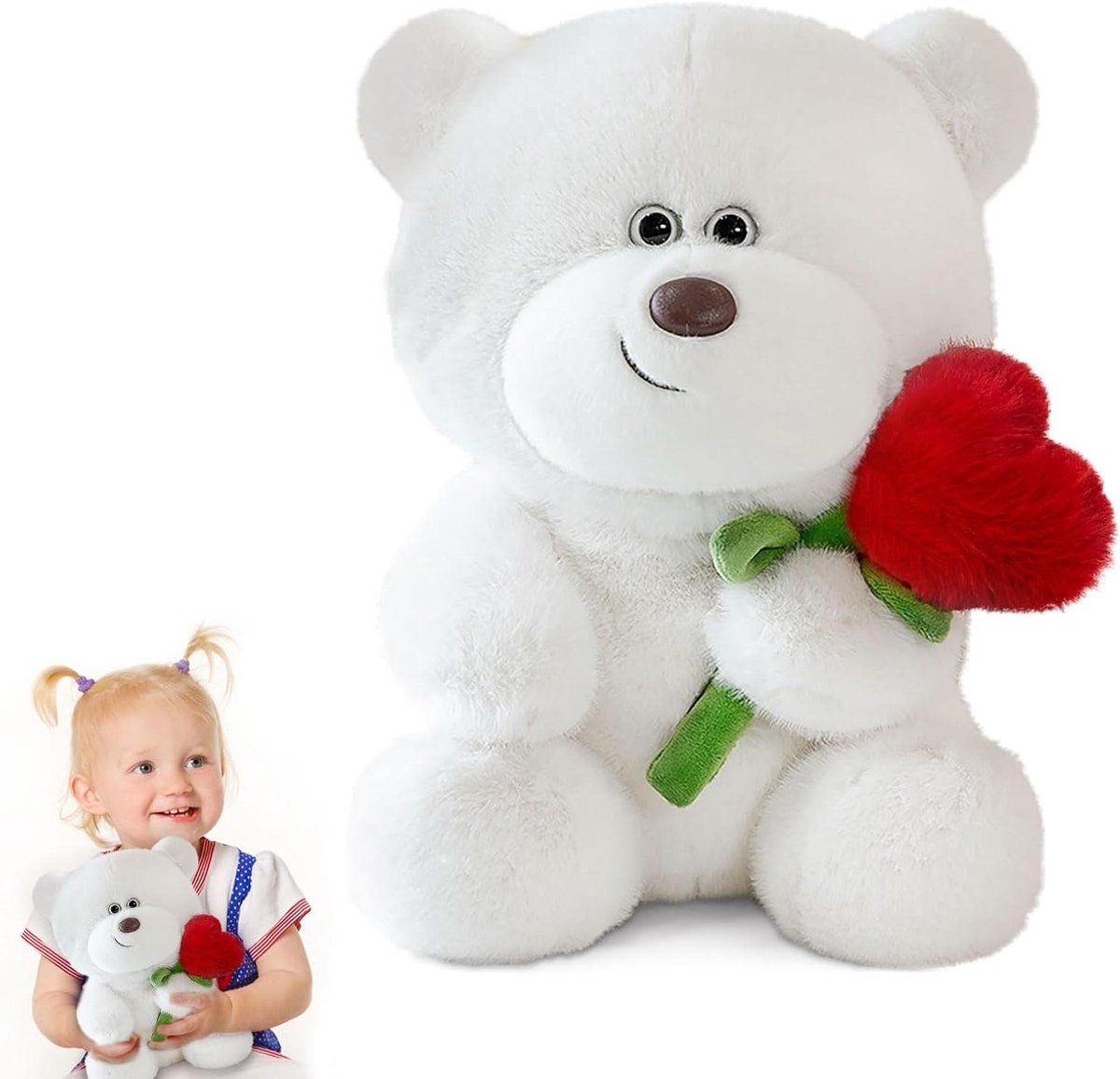 Provento - Teddybeer 28 cm met hartvormige roos - Zacht en schattig knuffeldier - Valentijnsdag cadeau - Geschikt voor jong en oud, jongens en meisjes - Verjaardag, feestgift
