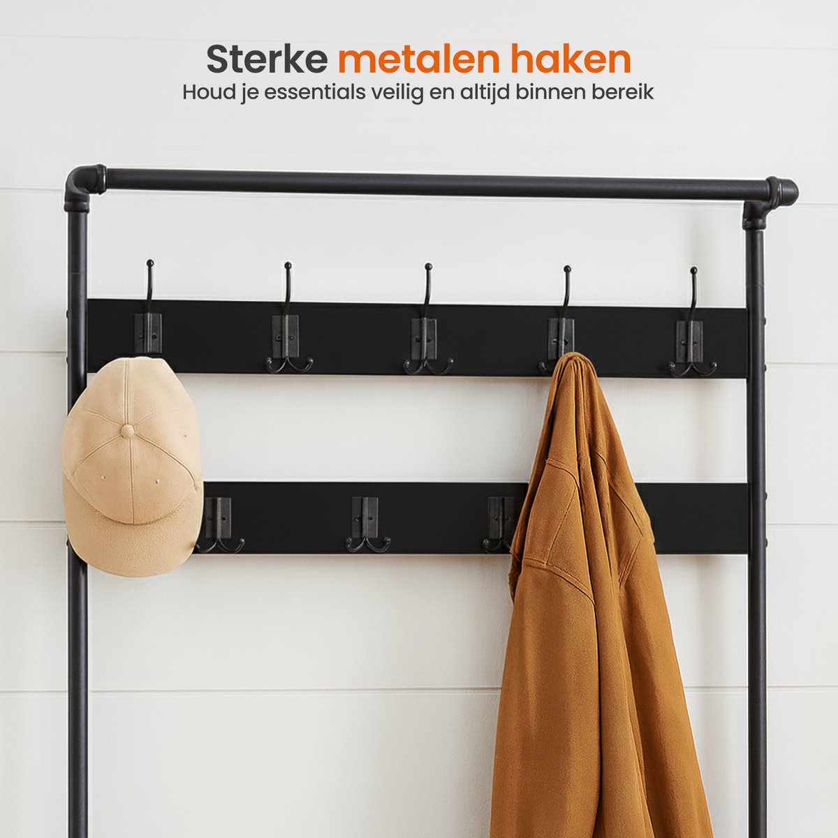 Goliving Kapstok XL – Garderoberek – Schoenenrek – Kledingrek – Staand – Industriële kast – Metaal/Hout – 100 x 41.5 x 182 cm – Zwart – foto 8