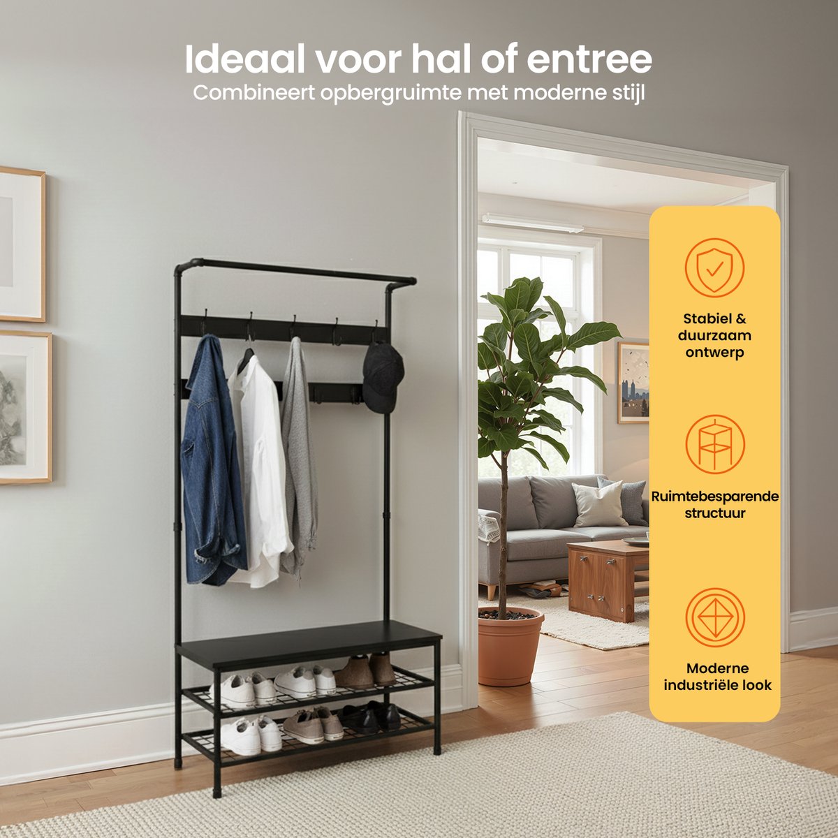 Goliving Kapstok XL – Garderoberek – Schoenenrek – Kledingrek – Staand – Industriële kast – Metaal/Hout – 100 x 41.5 x 182 cm – Zwart – foto 7