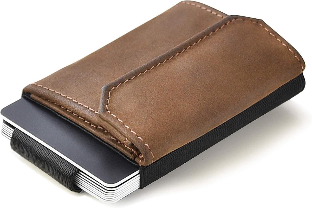 JAIMIE JACOBS Unisex minimalistische portemonnee, Nano Boy Pocket Mini textiel portemonnee met treklipje, slanke kaarthouder van leer, buffelleer bruin