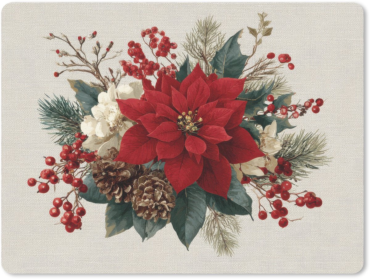 Muismat 23x19 cm - Mousepad Kerststuk - Poinsettia - Dennenappels - Rood - Muismatten