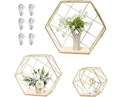 3 Pcs Hexagonal Wall Shelves - 3 Sizes Wall Mounted Floating Shelves - Gold Decorative Geometric Hanging Shelf - Metal Wire and Wood Veneer Wall Storage Display voor Woonkamer