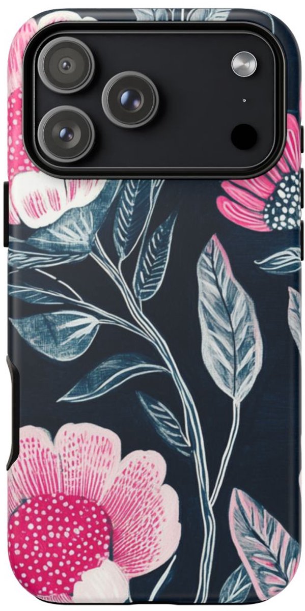 Felroze Bloemenpatroon op Donkerblauw – Telefoonhoesje Geschikt voor iPhone 17 Pro Max